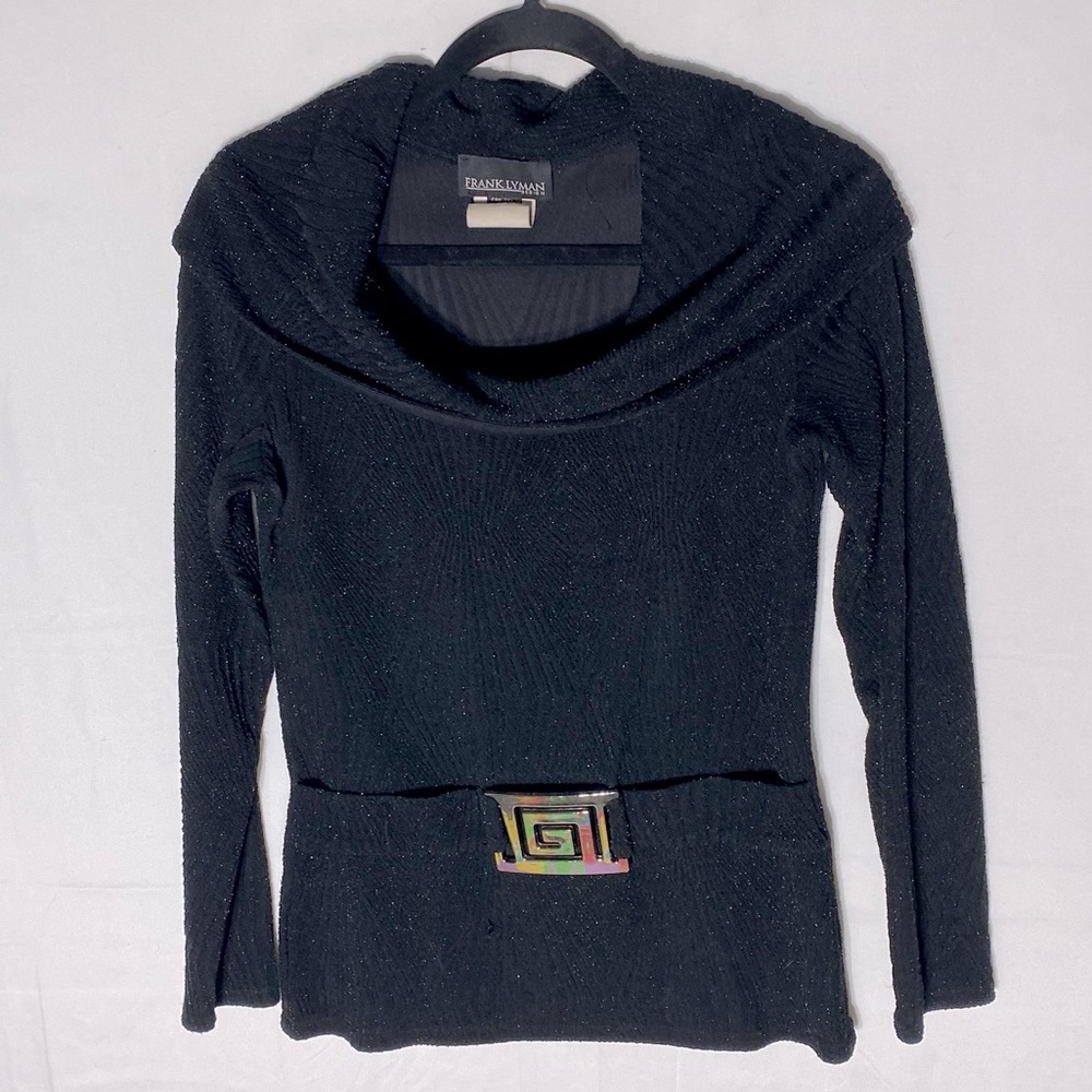 Vintage Frank Lyman Black Ribbed Knit Cowl Neck Sweater W Silver Tone Buckle 10